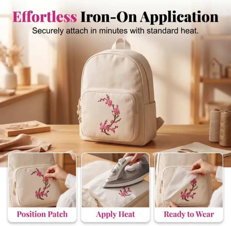 Cherry Blossom Embroidered Iron-On Patch