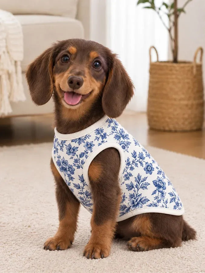 Blue Floral Sleeveless Pet Vest for Cats and Dogs