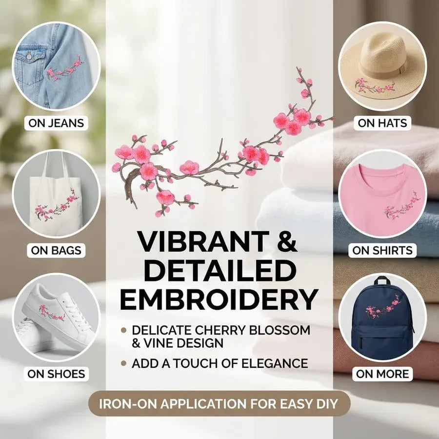 Cherry Blossom Embroidered Iron-On Patch